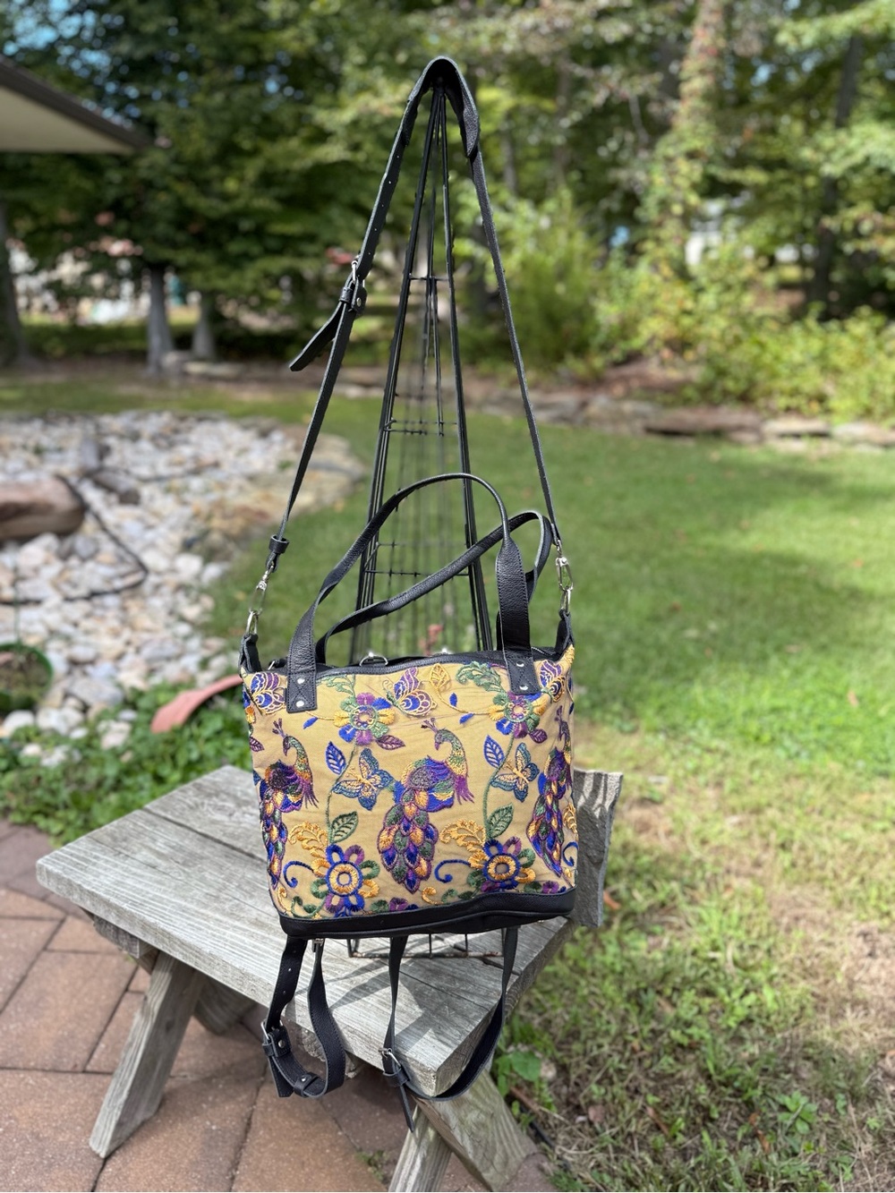 Floral Embroidered Yellow Crossbody tote /convertible day Bag with Black Straps
